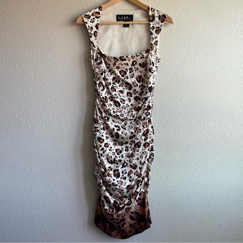 Nicole Miller Silk Leopard Print Body-Con Midi Dress